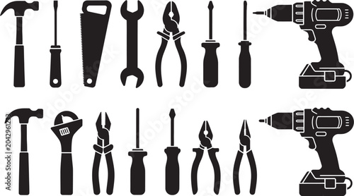 Quadro em tela Hand and power tools glyph icon set isolated vector pack featuring hammer drill saw wrench screwdriver and pliers symbols for construction work, DIY repair and workshop equipment branding concepts