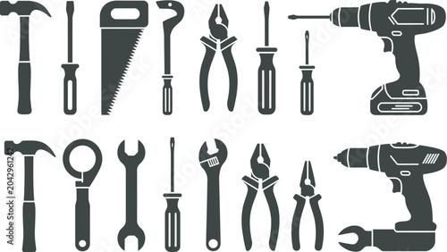 Konstfotografi Hand and power tools glyph icon set hammer drill saw wrench screwdriver and plie