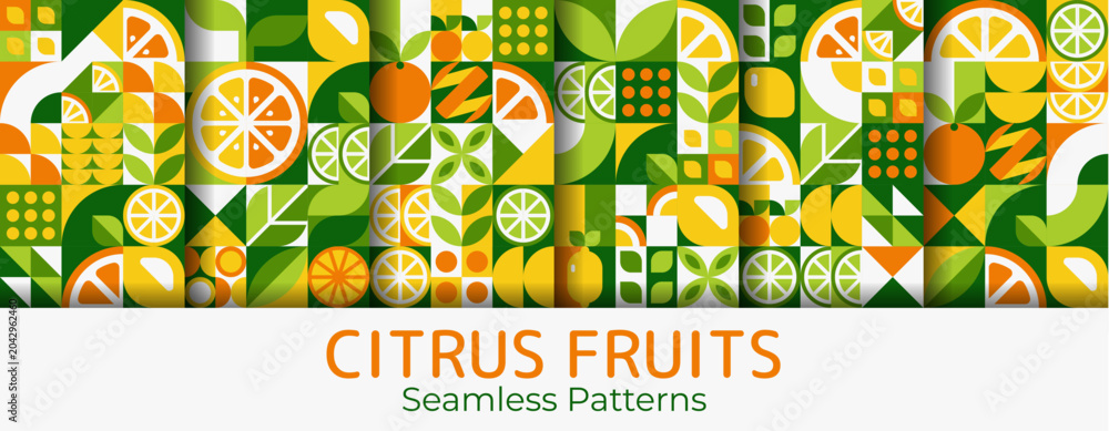 Obraz premium Ripe citrus fruits seamless patterns with geometric ornament background. Vector motifs with lemon, orange, lime, mandarin, leaves in orange, green and yellow tones, evoking fresh vibrant summer mood