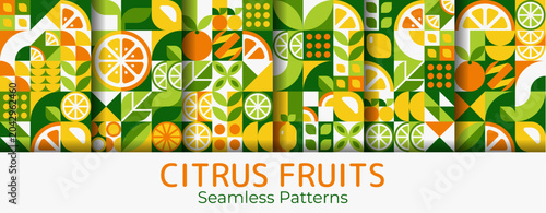 Fotografie Ripe citrus fruits seamless patterns with geometric ornament background