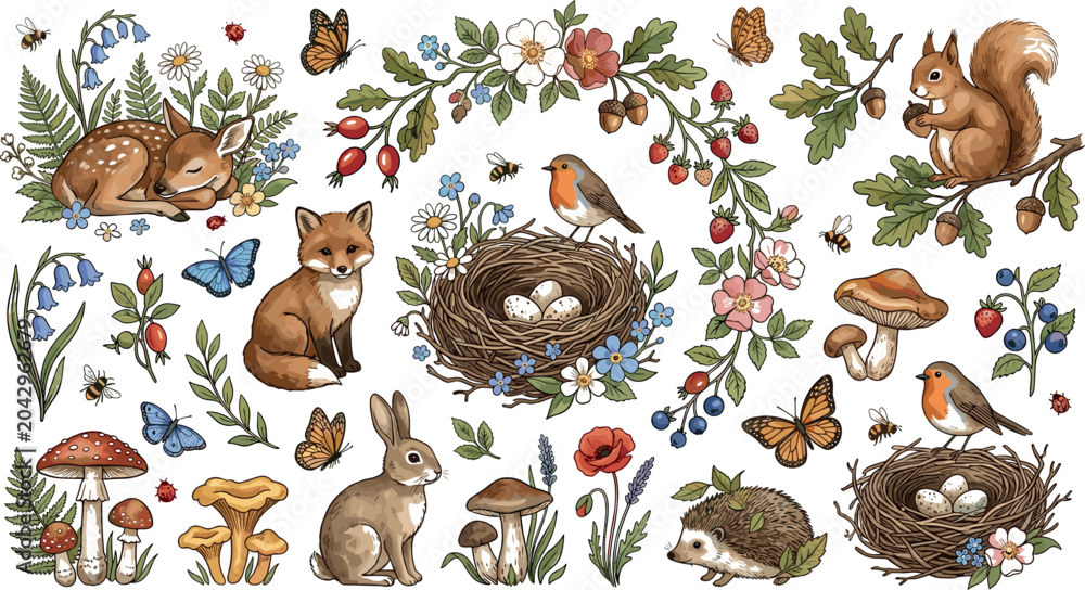 Naklejka premium Vintage Woodland Animals and Forest Nature Clipart Element Set Featuring Fox Deer Rabbit Bird Nest Mushrooms and Wildflowers Vector Illustration Collection