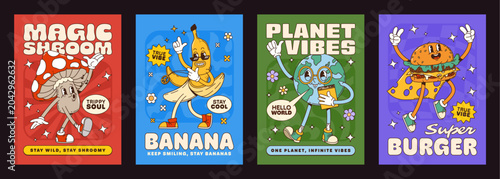 Funny groovy hippie characters vector posters. Cartoon retro trippy mushroom and funky banana fruit with hippie peace symbol. Cute groovy Earth planet in glasses and flying superhero burger characters