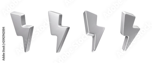 3d silver metal lightning icons, chrome thunder bolt and energy arrows with glossy reflective metallic surface. Vector electric bolt realistic symbols of energy, power, charge, voltage technology sign