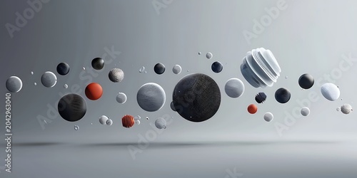 Floating glossy spheres abstract background with red black and white 3D geometric balls