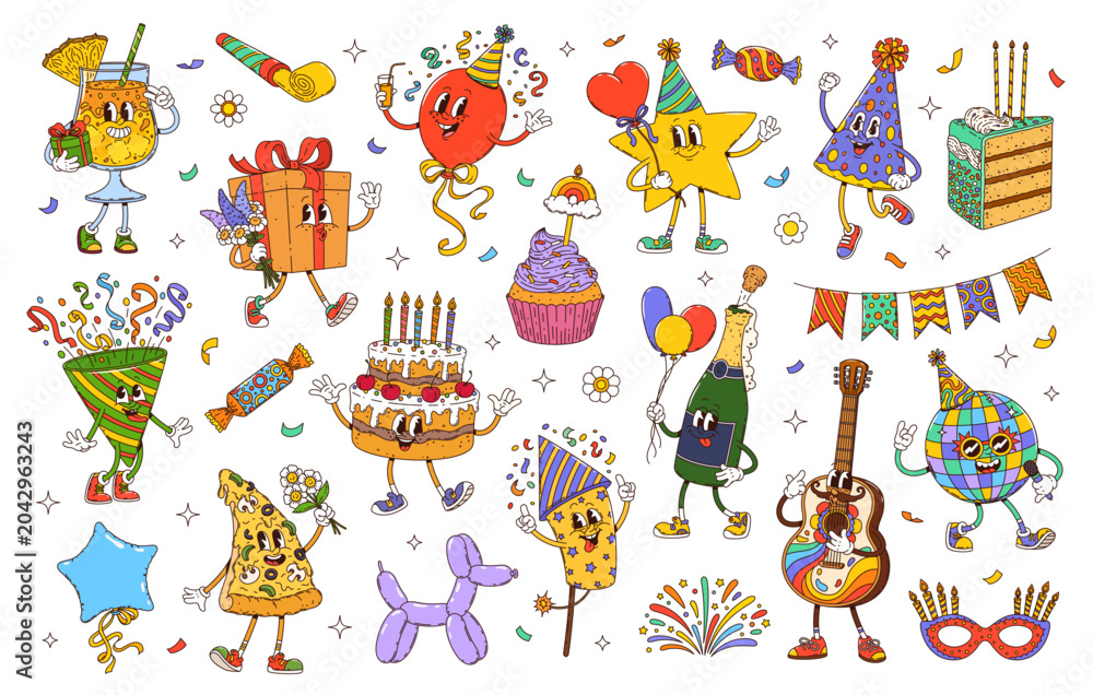 Obraz premium Cartoon groovy birthday holiday party characters of cute cake, gift, balloon and party hat. Vector funny groovy birthday holiday food and drink characters, cupcake with candles, champagne and flag set