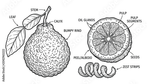 Bergamot fruit detailed botanical vector illustration with leaf, stem, calyx and internal structure.