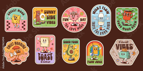 Breakfast hippie groovy label stickers, food retro patches. Funky vector stickers with cheese, scrambled eggs, bacon, tea cup, milk bottle, coffee mug, croissant, toast, avocado, juice, and toaster