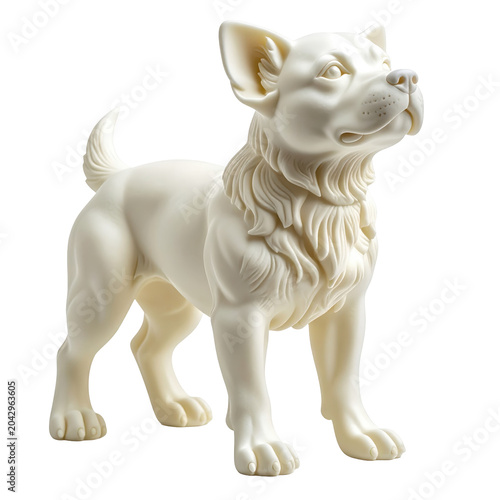 Elegant ivory dog statue with detailed fur and upward gaze isolated on white background
