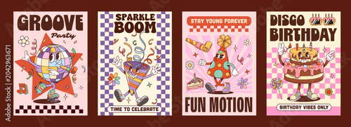 Y2K groovy funky birthday holiday posters. Vector disco ball, psychedelic birthday caps and festive cake personages for party invitations, birthday cards or social media celebration posts