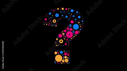 Question mark colorful dots blue yellow and red bubbling on black background letter animation
