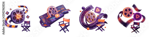 3D Cinema Film Production Icons with Reels and Director Chairs Set
