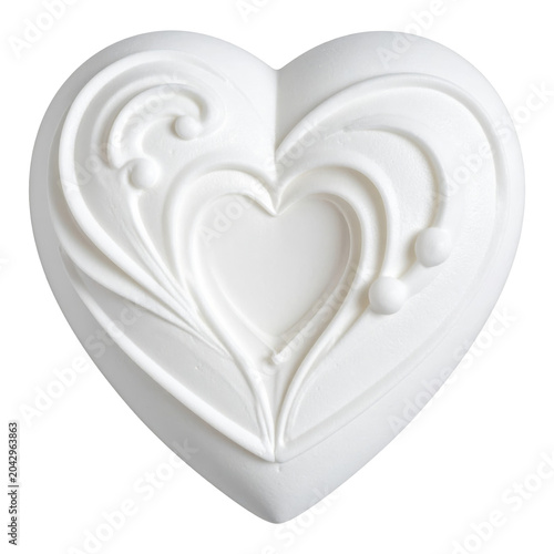 Ornate white heart with swirls and spheres on isolated on white background