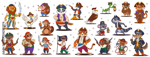 Obraz na płótnie Cartoon animal pirate characters, corsair ship crew vector personages with captain hats, black eye patches and flags