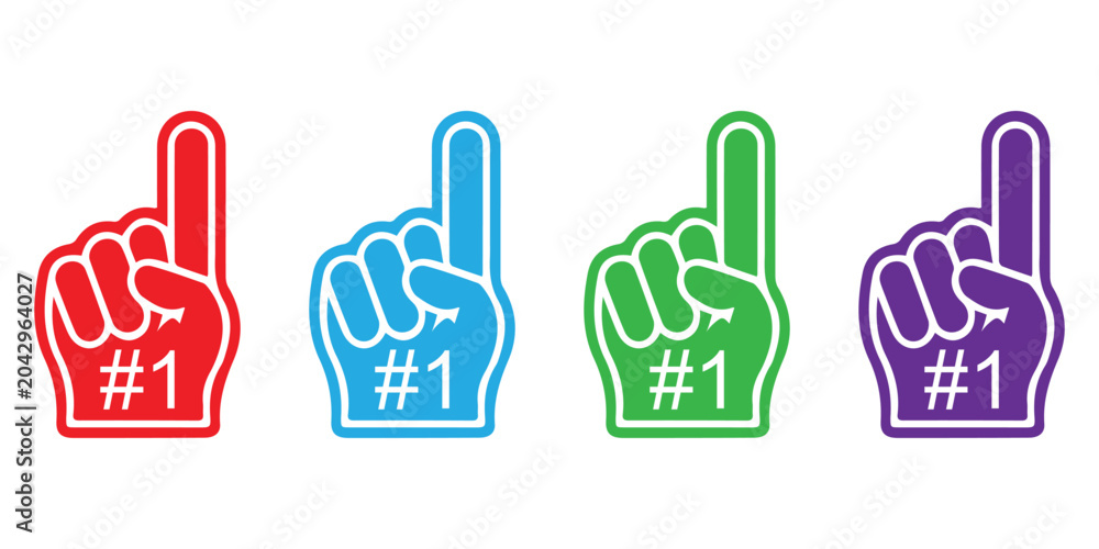 Fototapeta premium Number one foam finger vector icon pack featuring sports fan hand showing index finger up victory symbols in different colors for stadium game day design.