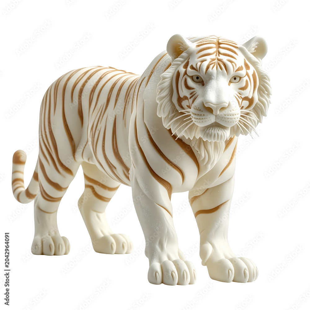 Obraz premium Detailed sculpture of a white tiger with brown stripes isolated on white background