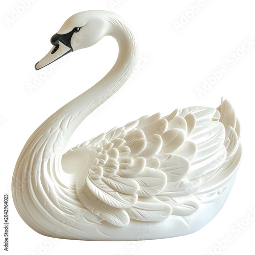Elegant white swan figurine with detailed feather texture isolated on white background
