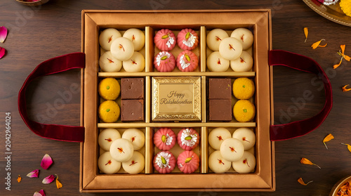 wooden tray with colorful macarons and floral decorations
