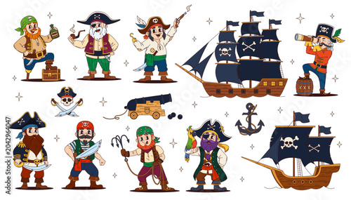 Tablou pe pânză Cartoon pirate and corsair sailor characters with ships, cannons, swords, treasure chest, anchor and parrot
