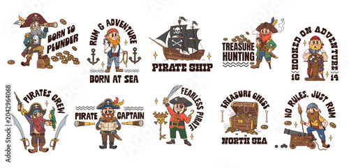 Schilderij op canvas Pirate and corsair characters hippie Y2K groovy stickers, vector cartoon t shirt prints