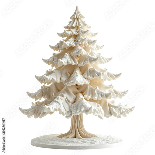 Elegant white christmas tree ornament with delicate branch details on snowy base isolated on white background