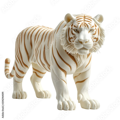 Detailed sculpture of a white tiger with brown stripes isolated on white background