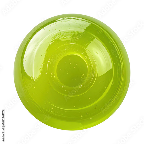 Luminous chartreuse glass dish with concentric rings and bubbles isolated on white background