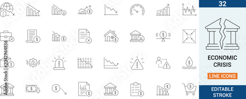 Tableau sur toile Economic crisis vector line icon set
