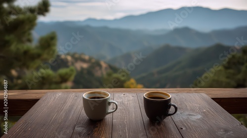 Two cups of coffee sit on a wooden table with a mountain view in the background during early morning hours