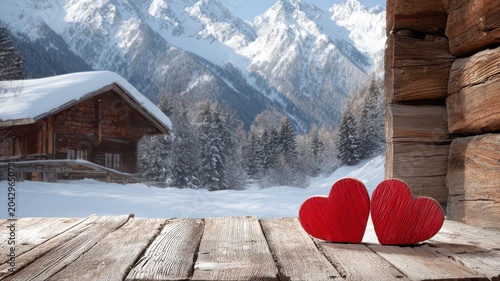 Hearts sit on a wooden table in front of a snowy mountain village surrounded by tall trees and a rustic cabin