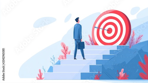 Businessman stands on stairs looking at target with arrow during a goal-setting meeting at a corporate office in a city setting in the morning