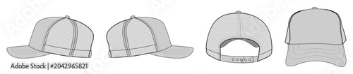 Blank Trucker Cap Template Mockup Set – Front, Back and Side Views, Mesh Snapback Hat Technical Drawing Vector