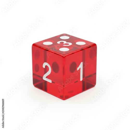 Transparent red six sided gaming die with white numbers isolated on a white background