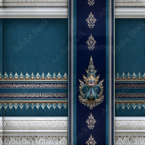 Ornate thai architectural seamless pattern with blue background and gold details seamless architecture background traditional cultural decorative thailand wallpaper heritage ornament