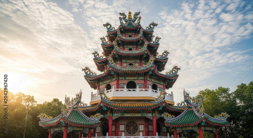 Obraz premium Vibrant chinese pagoda architecture with dragon decorations