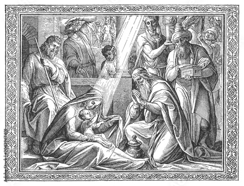 Foto Adoration of the Magi, wise men presenting gifts to infant Jesus, figures in ornate robes under divine light beam, old vintage illustration, 1899
