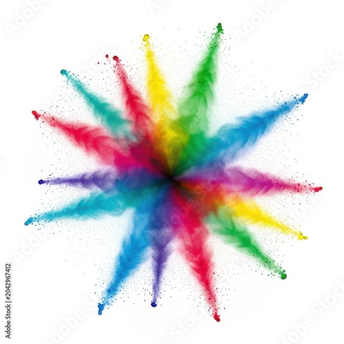 Vibrant multi-colored powder explosion bursting in a star shape isolated on white background