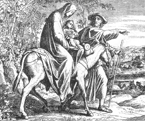 Foto Holy family returning to Nazareth, Mary riding donkey holding infant Jesus, Joseph walking ahead, hilly landscape, old vintage illustration, 1899