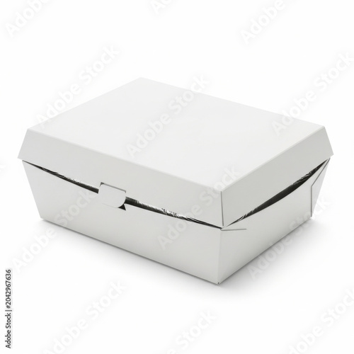 White cardboard takeaway food box with red circular sticker isolated on a plain white background