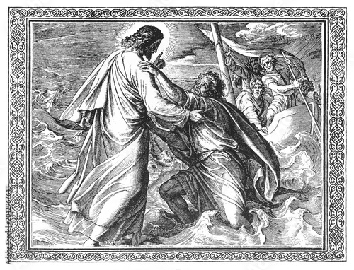 Konstfotografi Jesus Saves Peter from Drowning in the Storm, outstretched hand, sinking disciple, disciples in boat, woodcut illustration, 1899
