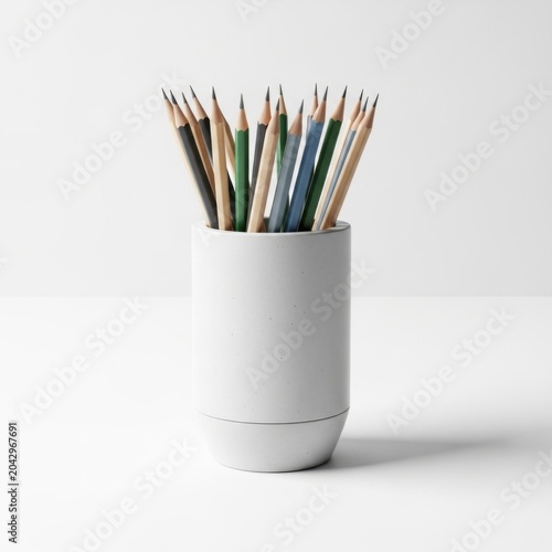 White ceramic pencil holder filled with assorted colored pencils on a white studio background