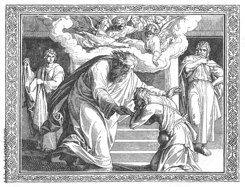 Photos Father embracing the prodigal son, kneeling figure, angels above, ornate border, biblical reunion, old vintage illustration, 1899