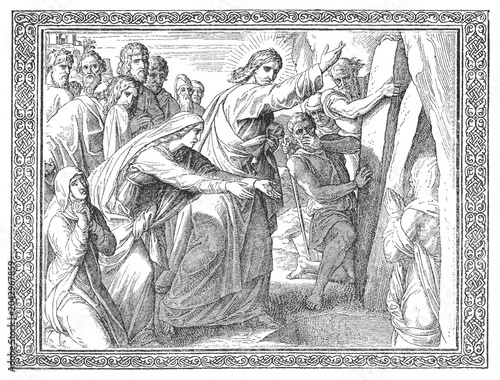 Schilderij op canvas Jesus raises Lazarus from the tomb, central figure raising hand in commanding gesture, astonished onlookers gathered around stone slab, old vintage illustration, 1899