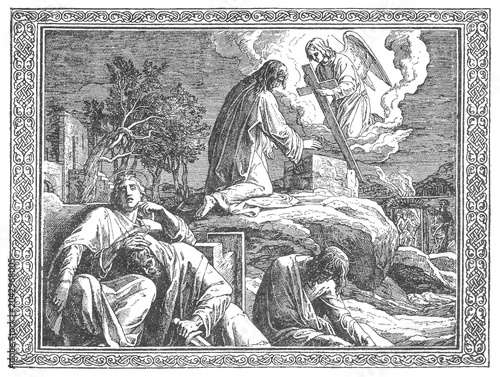 Foto Jesus Christ praying in the Garden of Gethsemane, angel comforting kneeling figure, sleeping apostles, rocky landscape, ornate border, old vintage illustration, 1899