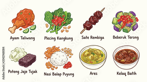 Tableau sur toile A vibrant illustration of eight traditional Indonesian dishes, showcasing diverse flavors and culinary traditions