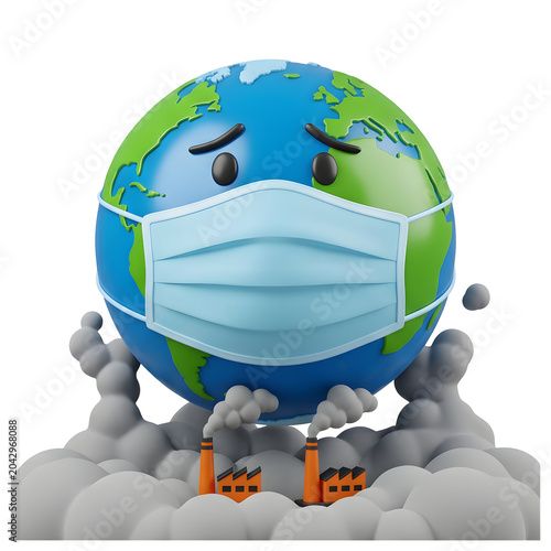 Sad Earth Wearing Mask Amidst Pollution
