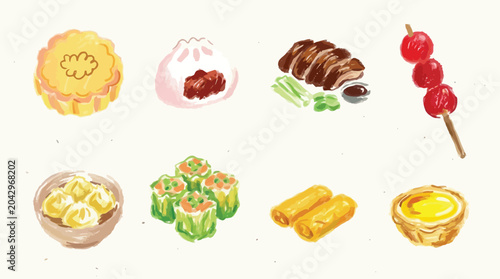 Foto A collection of delicious and colorful Chinese food illustrations, including dim sum, roasted duck, and pastries