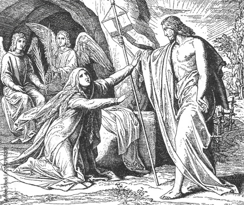 Bild auf Leinwand Mary Magdalene Embracing the Feet of the Risen Christ, Noli me tangere, Angels Holding Palm Branches, Vintage Biblical Illustration, Old Vintage Illustration, 1899