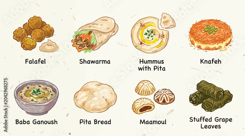 Φωτογραφία A delicious assortment of popular Middle Eastern dishes, including falafel, shawarma, hummus, knafeh, baba ganoush, pita bread, maamoul, and stuffed grape leaves