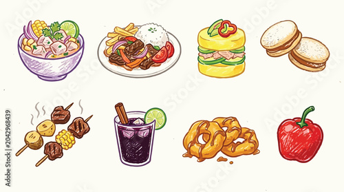 Konstfotografi Collection of delicious Peruvian dishes and drinks, illustrated in a sketch style