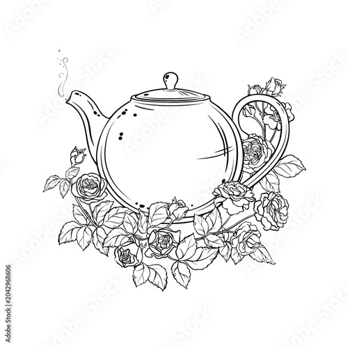 Rose Tea in Teapot aroma beverage Outline Illustration. Vector isolated for Design and Decoration for Cafeteria, Posters, Banners, Cards.